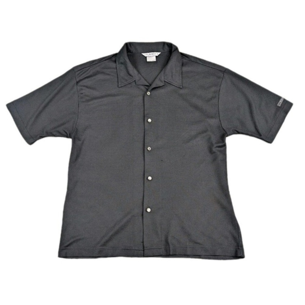 Playboy Button Down Shirt Mens Large Black Plain Logo Bunny Authentic Rare